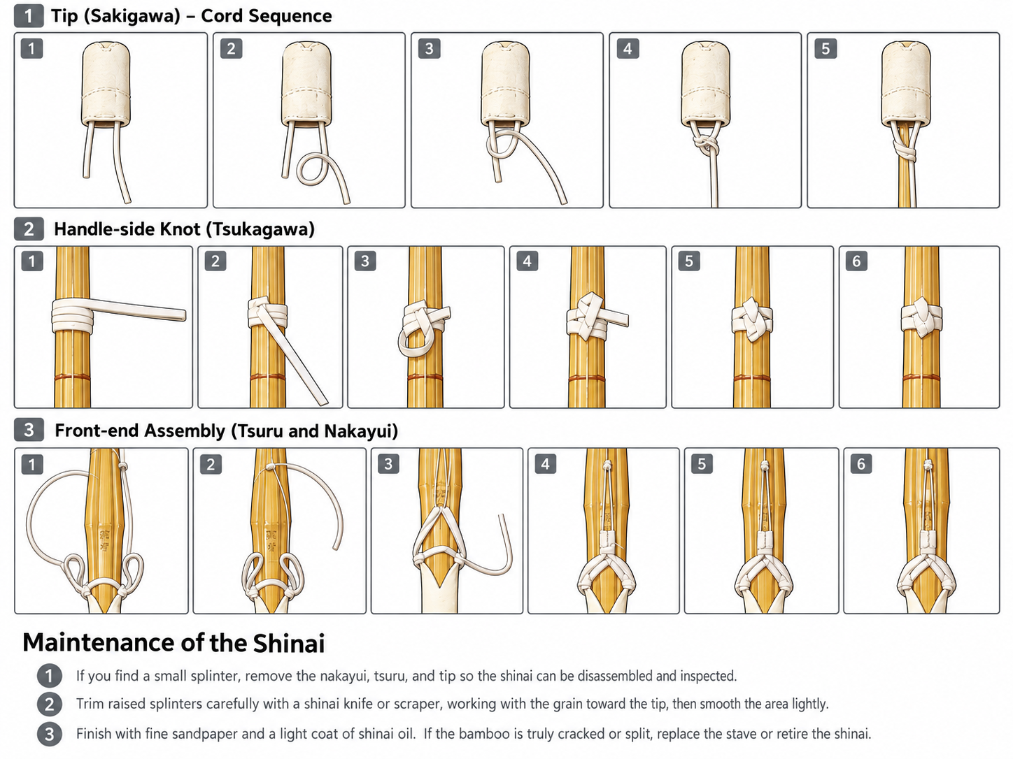 Shinai maintenance and tying diagram showing sakigawa, tsuru and nakayui